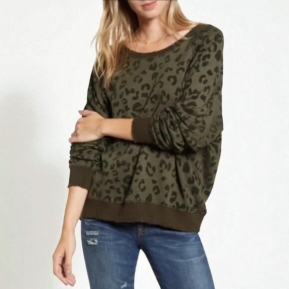 RAILS Theo Flocked Olive Leopard Print Sweatshirt, Small, Cowls Leopard Pullover - Picture 1 of 7
